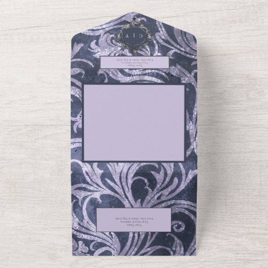 Gotische Antiek Paarse Damask QR Code Wedding All In One Uitnodiging (Buitenkant)