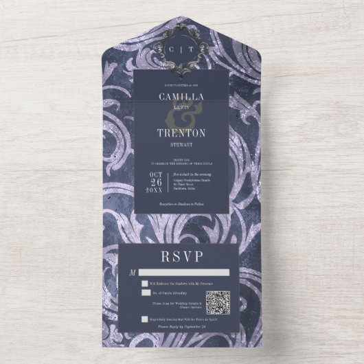 Gotische Antiek Paarse Damask QR Code Wedding All In One Uitnodiging (Binnen)