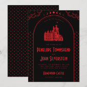 Gotische Art Deco Rood Zwart Kasteel bruiloft Kaart (Voorkant / Achterkant)