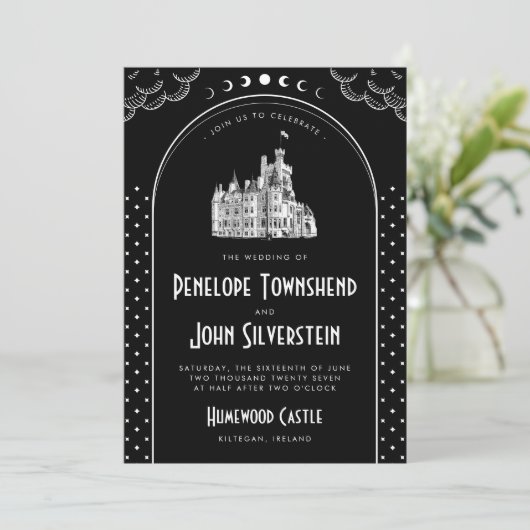 Gotische Art Deco Zwart Wit Kasteel bruiloft Kaart (Staand voorkant)