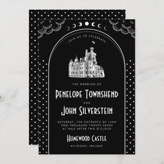 Gotische Art Deco Zwart Wit Kasteel bruiloft Kaart (Voorkant / Achterkant)