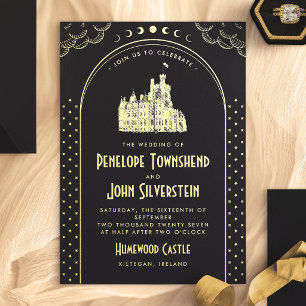 Gotische Art Deco Zwarte Gouden Trouwdag Kasteel Folie Uitnodiging