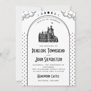 Gotische Art Deco Zwarte Witte Kasteel Bruiloft Kaart