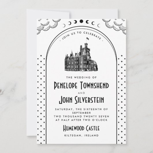 Gotische Art Deco Zwarte Witte Kasteel Bruiloft Kaart (Voorkant)