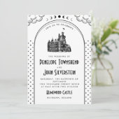 Gotische Art Deco Zwarte Witte Kasteel Bruiloft Kaart (Staand voorkant)