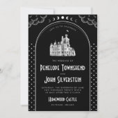 Gotische Art Deco Zwarte Witte Kasteelhochzeit Kaart (Voorkant)