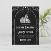 Gotische Art Deco Zwarte Witte Kasteelhochzeit Kaart (Staand voorkant)