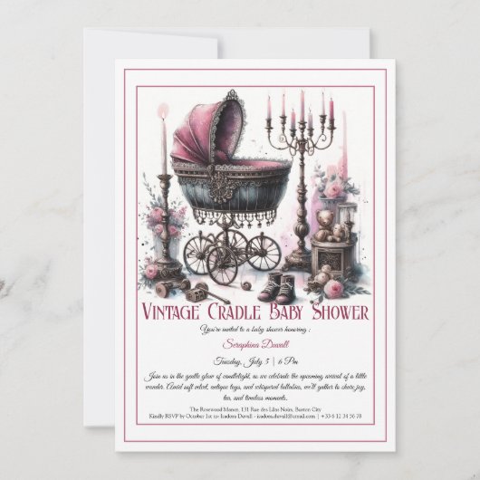 Gotische babyshower uitnodiging – Antieke wieg (Voorkant)
