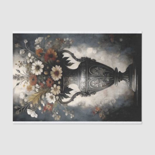 Gotische Barok Bloemen Zilveren Vaas Decoupage Tissuepapier (Voorkant)