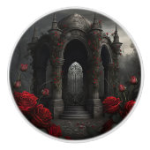 Gotische begraafplaats Gazebo met rode rozen bij n Keramische Knop (Voorkant)