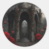 Gotische begraafplaats Gazebo met rode rozen bij n Ronde Sticker (Voorkant)
