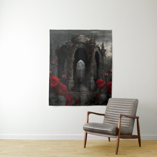 Gotische begraafplaats Gazebo met rode rozen bij n Wandkleed (In situ)
