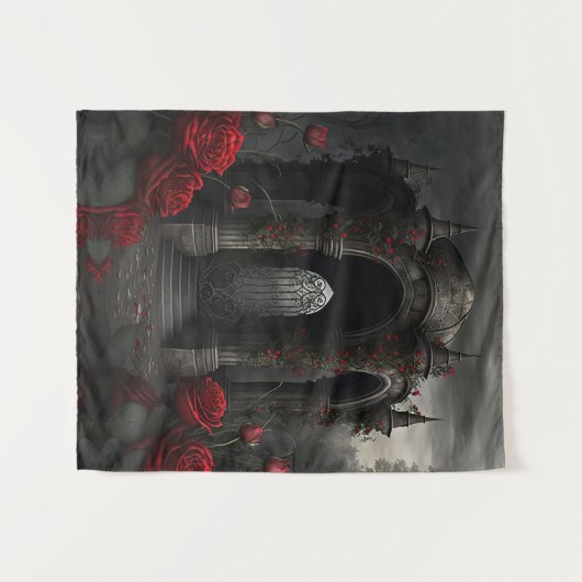Gotische begraafplaats Gazebo met rode rozen bij n Wandkleed (Voorkant (horizontaal))