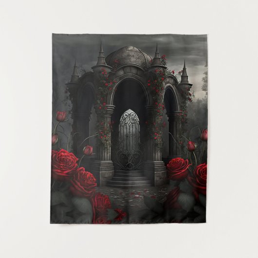 Gotische begraafplaats Gazebo met rode rozen bij n Wandkleed (Voorkant)