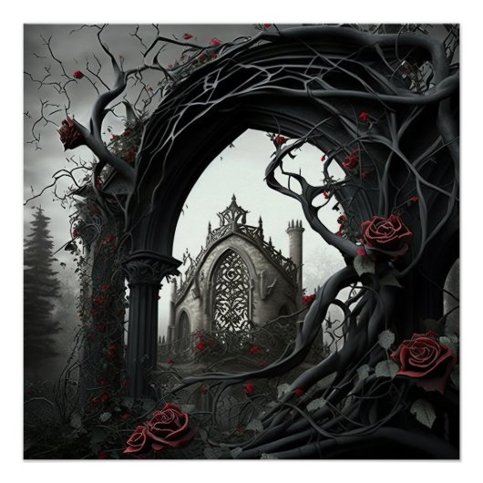 Gotische begraafplaats rozentuin perfect poster (Voorkant)
