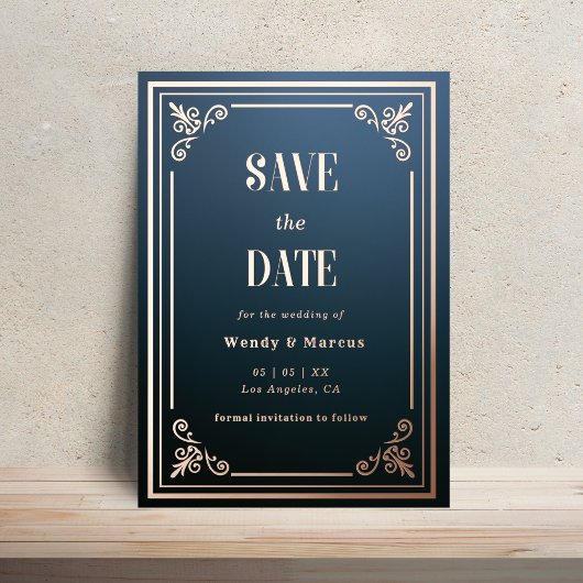 Gotische Blau & Rose Goud Save the Date Folie Uitnodiging