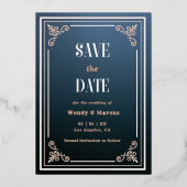 Gotische Blau & Rose Goud Save the Date Folie Uitnodiging (Voorkant)