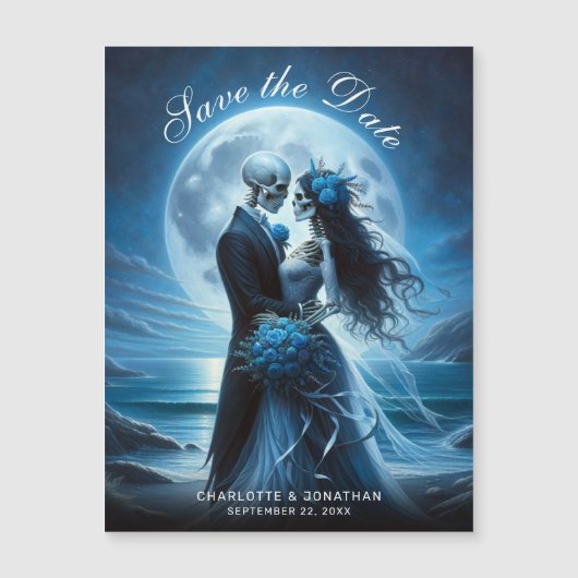Gotische Blauwe Skelet Koppel Trouw Save the Date (Voorkant)