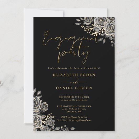 Gotische bloem zwarte en gouden verlovingspartij kaart (Voorkant)