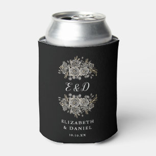 Gotische bloem zwarte en witte monogram bruiloft blikjeskoeler