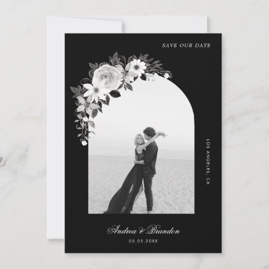 Gotische Bloemen & Boog Foto Zwart Halloween Bruil Save The Date (Voorkant)
