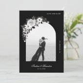 Gotische Bloemen & Boog Foto Zwart Halloween Bruil Save The Date (Staand voorkant)