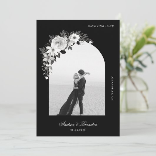 Gotische Bloemen & Boog Foto Zwart Halloween Bruil Save The Date (Staand voorkant)