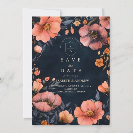 Gotische bloemen bruiloft elegantie save the date (Voorkant)