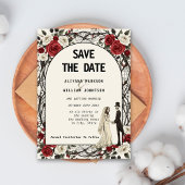 Gotische Bloemen Corpse Paar Halloween bruiloft Save The Date