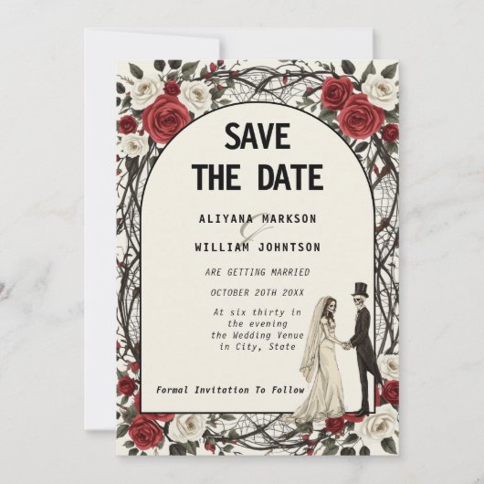 Gotische Bloemen Corpse Paar Halloween bruiloft Save The Date (Voorkant)