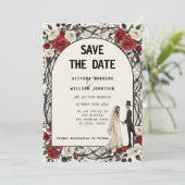Gotische Bloemen Corpse Paar Halloween bruiloft Save The Date (Staand voorkant)