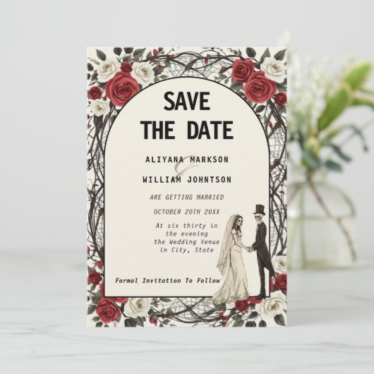 Gotische Bloemen Corpse Paar Halloween bruiloft Save The Date (Staand voorkant)