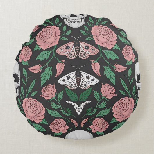 Gotische bloemen en schedel patroon met motten rond kussen (Voorkant)
