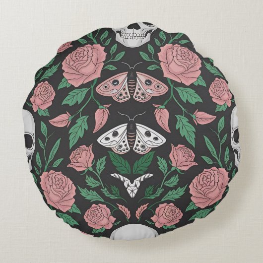 Gotische bloemen en schedel patroon met motten rond kussen (Achterkant)
