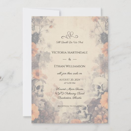 Gotische bloemen en schedels bruiloft kaart (Voorkant)