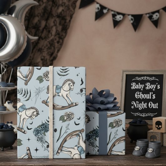 Gotische Bloemen Frans Blauw Rocking Horse Patroon Cadeaupapier