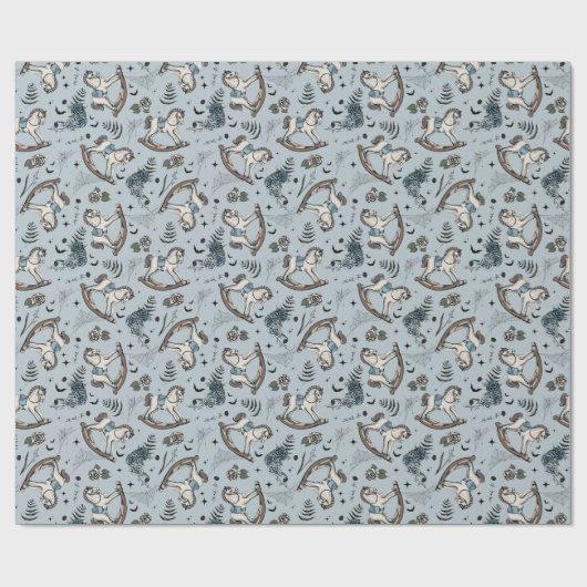 Gotische Bloemen Frans Blauw Rocking Horse Patroon Cadeaupapier (Vlak)