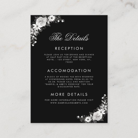 Gotische Bloemen Halloween Bruiloft Zwart De Detai Informatiekaartje (Voorkant)