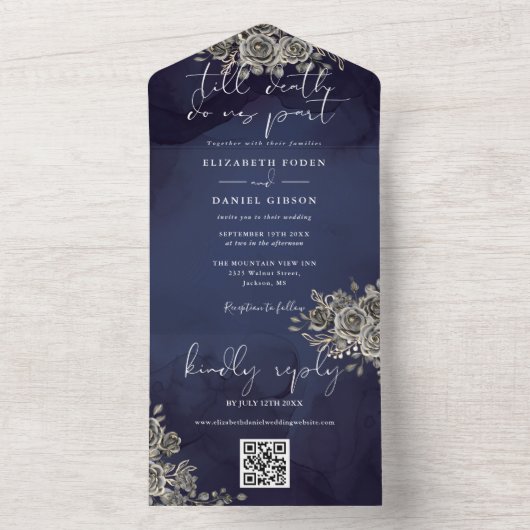 Gotische Bloemen Midnight Blue QR Code Bruiloft All In One Uitnodiging (Binnen)