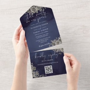 Gotische Bloemen Midnight Blue QR Code Bruiloft All In One Uitnodiging