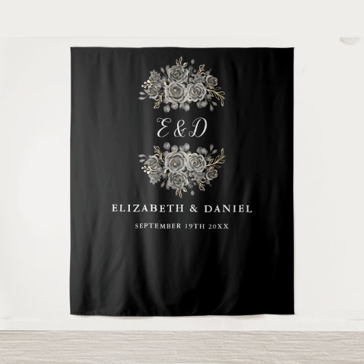 Gotische Bloemen Monogram Huwelijk Achtergrond Wandkleed (Voorkant)