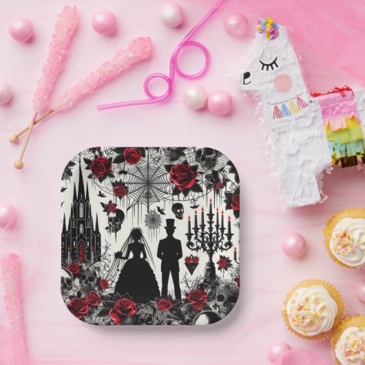 Gotische Bloemen Papier Vierkant Bord, Bruiloft Papieren Bordje (Feest)