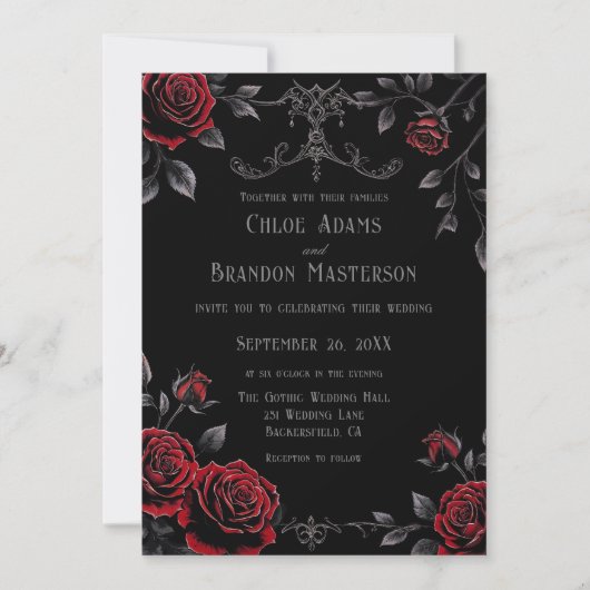 Gotische Bloemen Rood en Zwart Ontwerp Wedding Kaart (Voorkant)