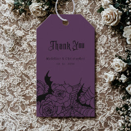 Gotische Bloemen Roos Bat Spiderweb Paarse bruilof Cadeaulabel