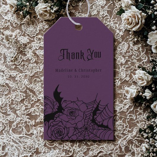 Gotische Bloemen Roos Bat Spiderweb Paarse bruilof Cadeaulabel