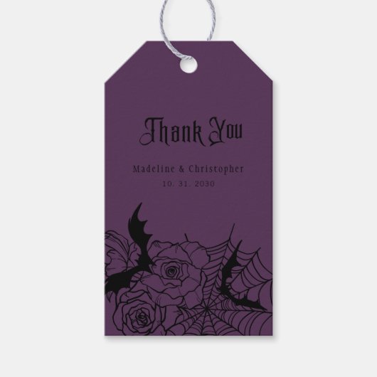 Gotische Bloemen Roos Bat Spiderweb Paarse bruilof Cadeaulabel (Voorkant)