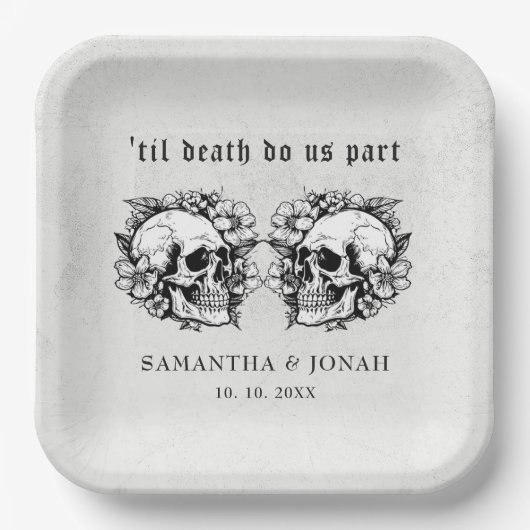 Gotische Bloemen Schedel Halloween Bruiloft Papieren Bordje (Voorkant)