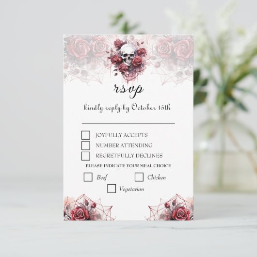 Gotische Bloemen Schedel Halloween Bruiloft RSVP K (Staand voorkant)