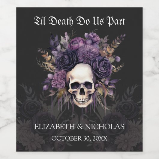 Gotische Bloemen Schedel Halloween Bruiloft Wijn L Wijn Etiket (Enkel label)