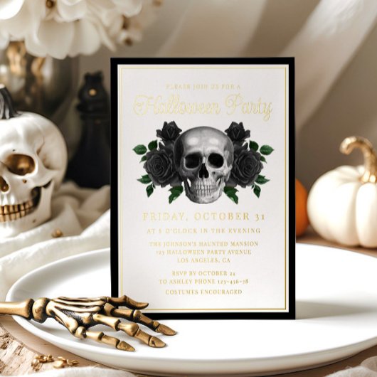 Gotische Bloemen Schedel Halloween Goud Folie Uitnodiging